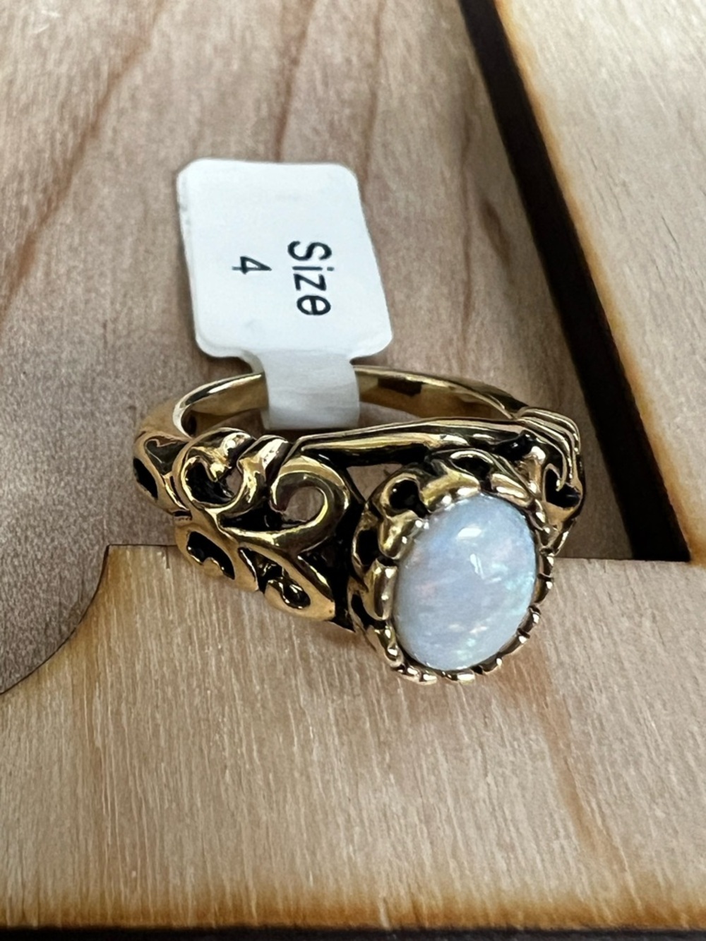 Gold Tone Opal Style Filigree Ring Size 4 #412 - Picture 4 of 4